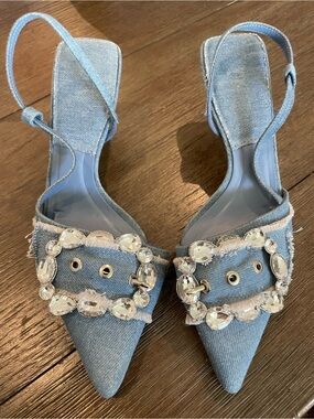 Fancy Swanky Zara Light Blue Denim Pointed Slingback Heels with Crystal Buckle